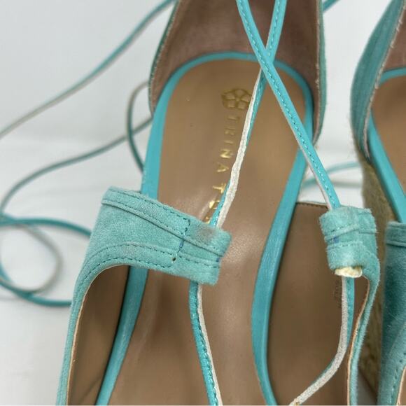 Trina Turk Sueded Leather Lace up Ankle Wrap Wedge Sandals - AQUAMARINE - Picture 3 of 13